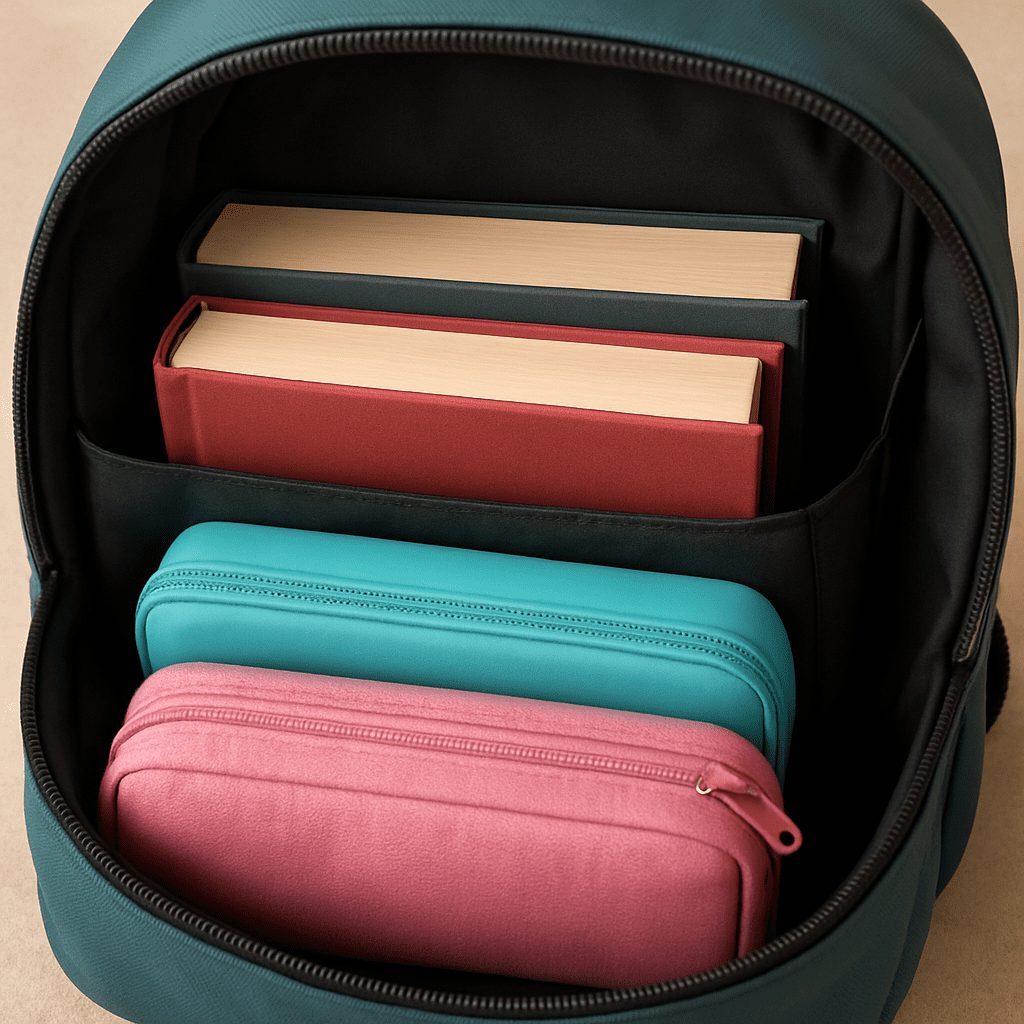 Interior view of a school bag with a book divider, showing heavy books placed closest to the back panel and lightweight items like pencil cases towards the front.