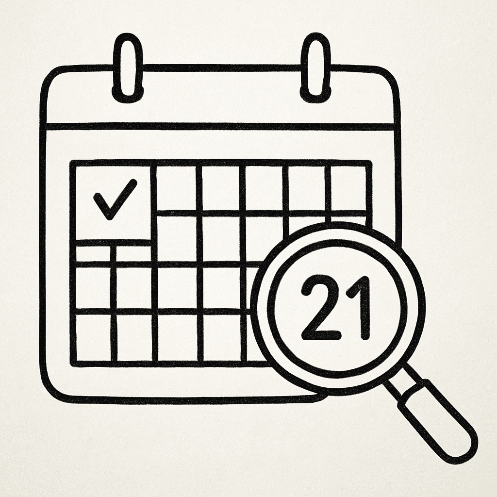A simplified drawing of a calendar with a tick symbol on day 1 and a magnifying glass looking at day 21, symbolizing the monitoring period.