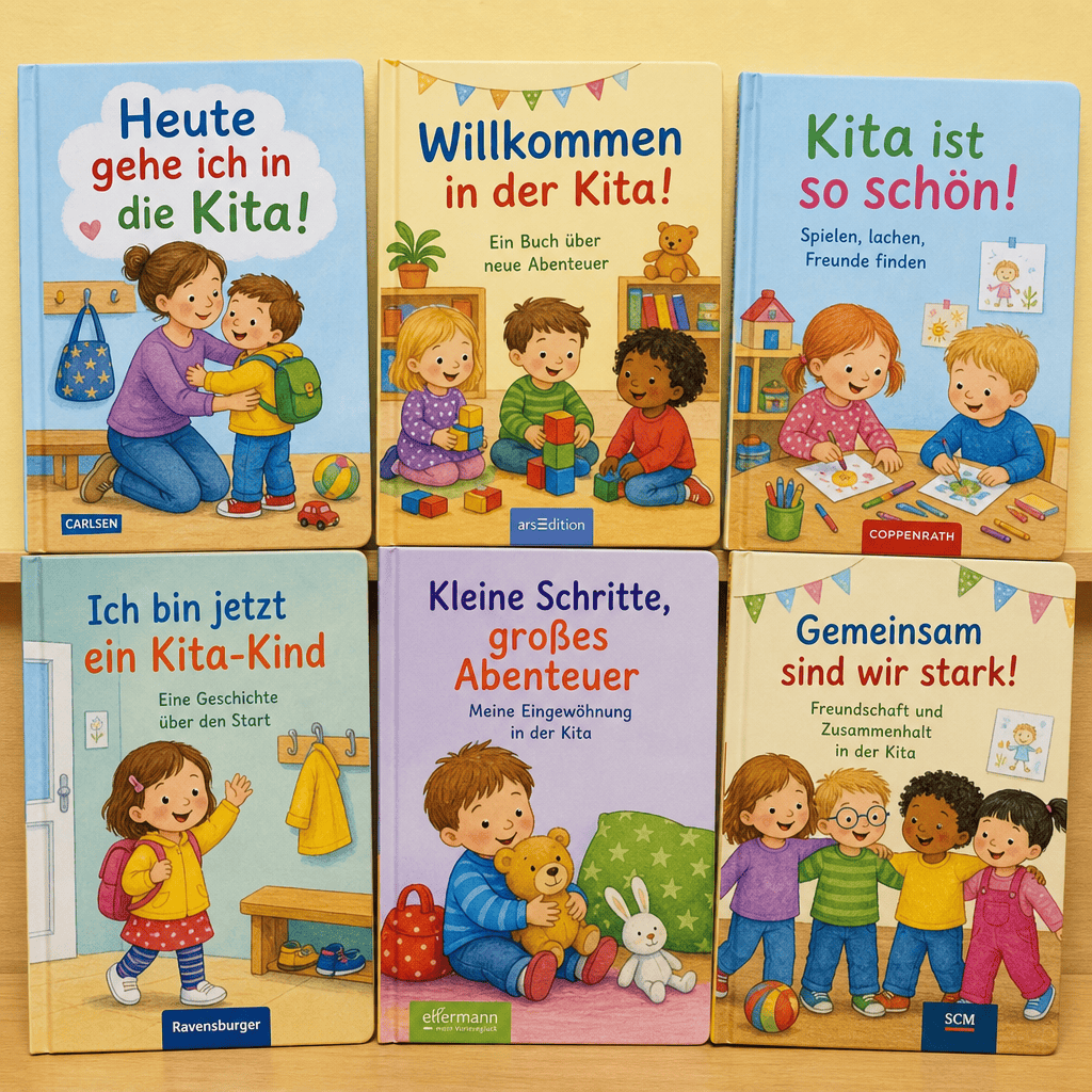 Eine Auswahl von sechs farbenfrohen Kinderbüchern für die Kita-Eingewöhnung
