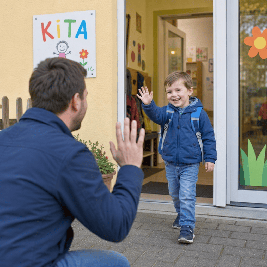 Ein lächelndes Kind verabschiedet sich fröhlich von seinem Vater am Kita-Eingang