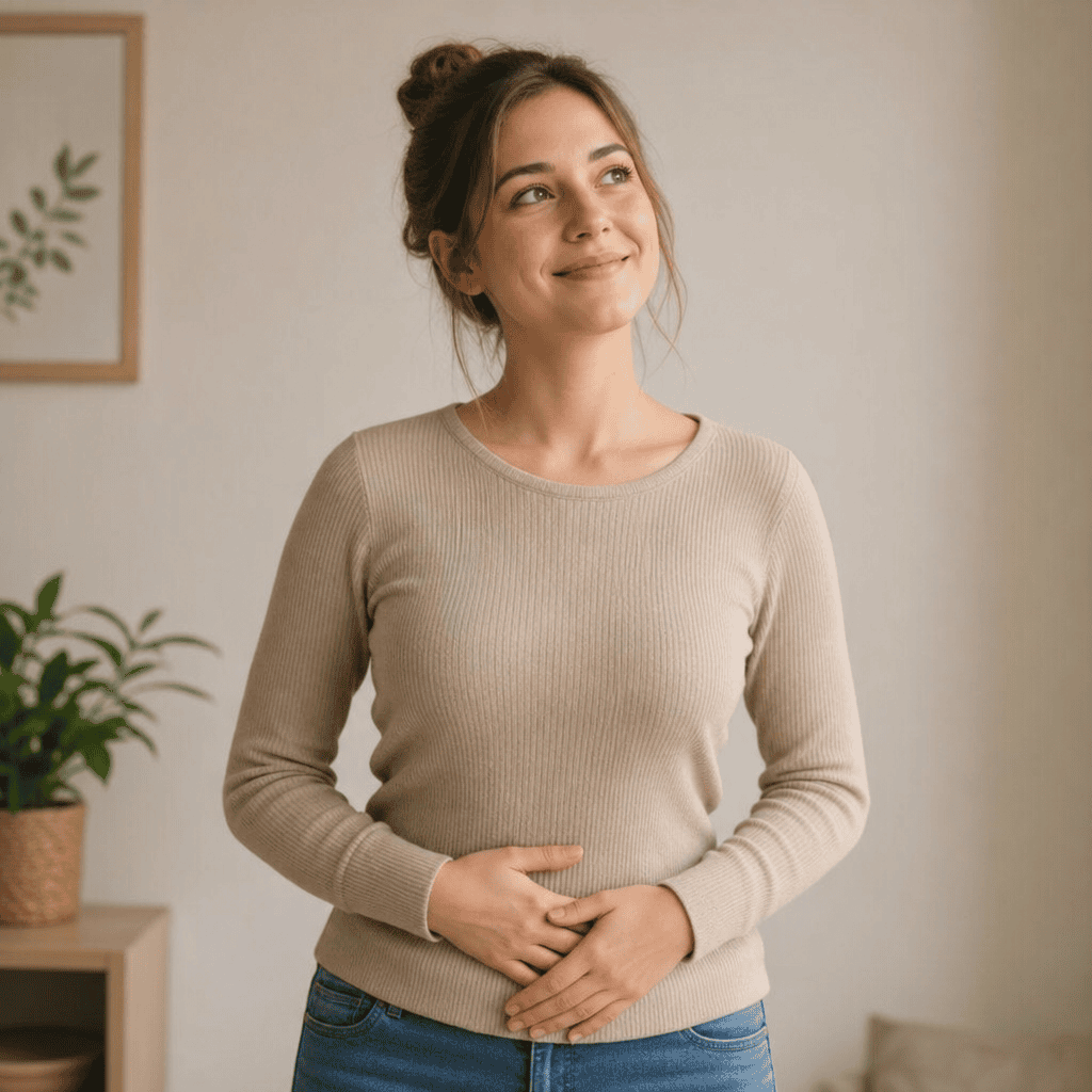 Junge Frau hält sich hoffnungsvoll und lächelnd die Hände auf den Unterbauch